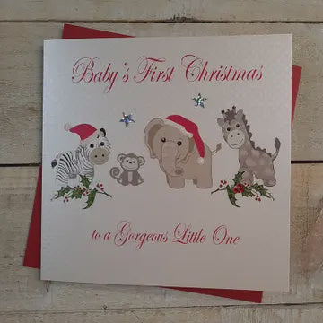 Christmas Card: Babys First Christmas Zoo Animals Hand Decorated- White Cotton Cards