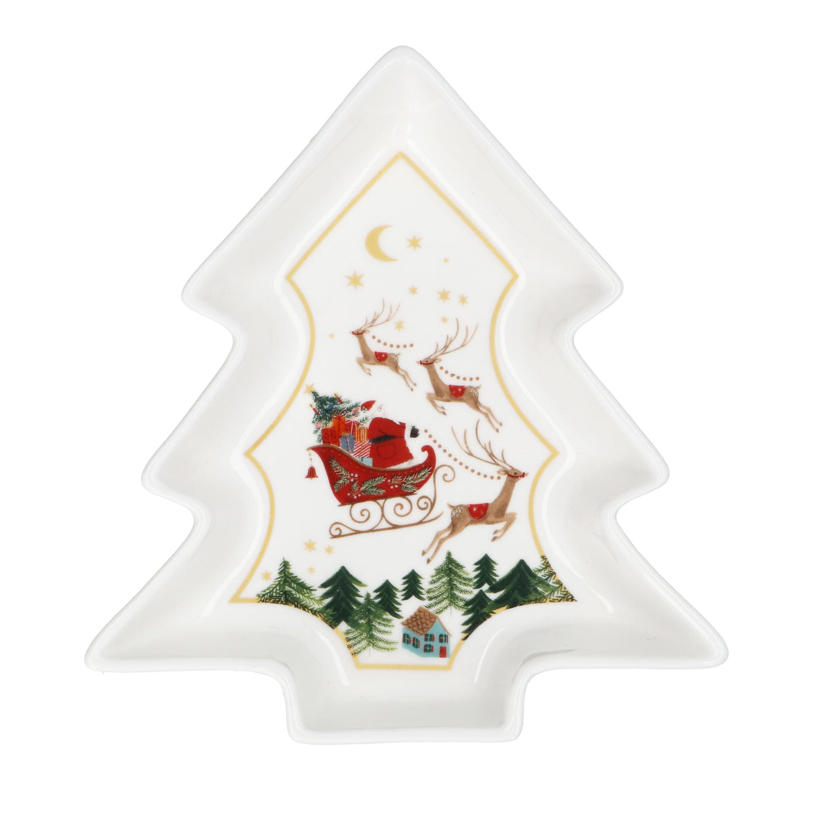 Christmas Dish: Ceramic Christmas Tree Shaped Santa On Sleigh  - Gisela Graham