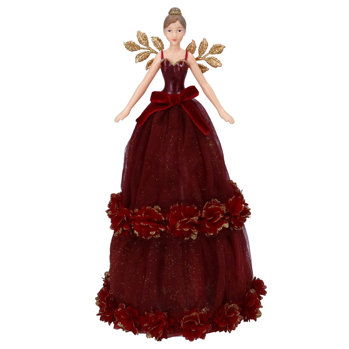 Christmas Tree Topper: Fabric Sparkling Fairy With Dahlia Bands Large - Burgundy - Gisela Graham