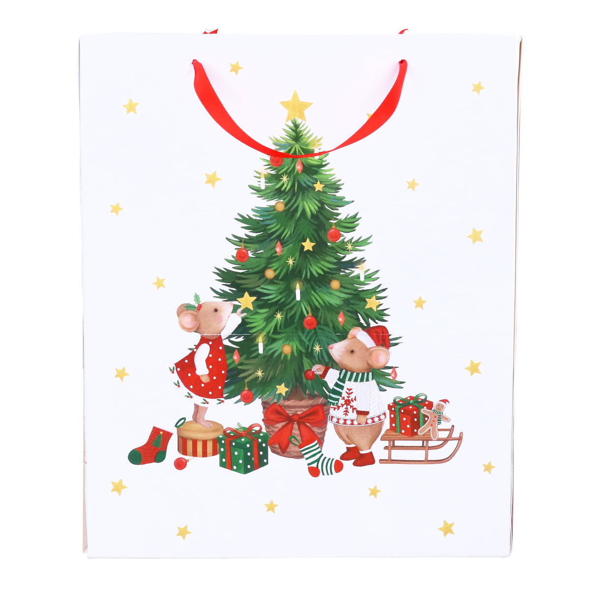 Gift Bag: Paper Medium Christmas Tree With Mice - White  - Gisela Graham