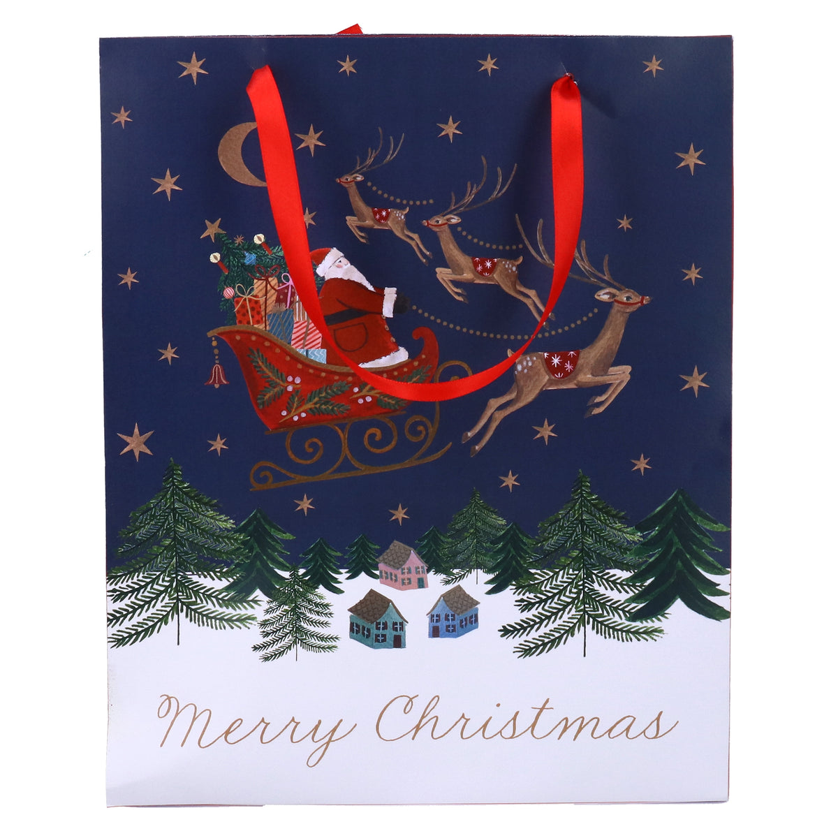 Gift Bag: Paper Medium Christmas Nostalgia Santa On Sleigh - Blue - Gisela Graham