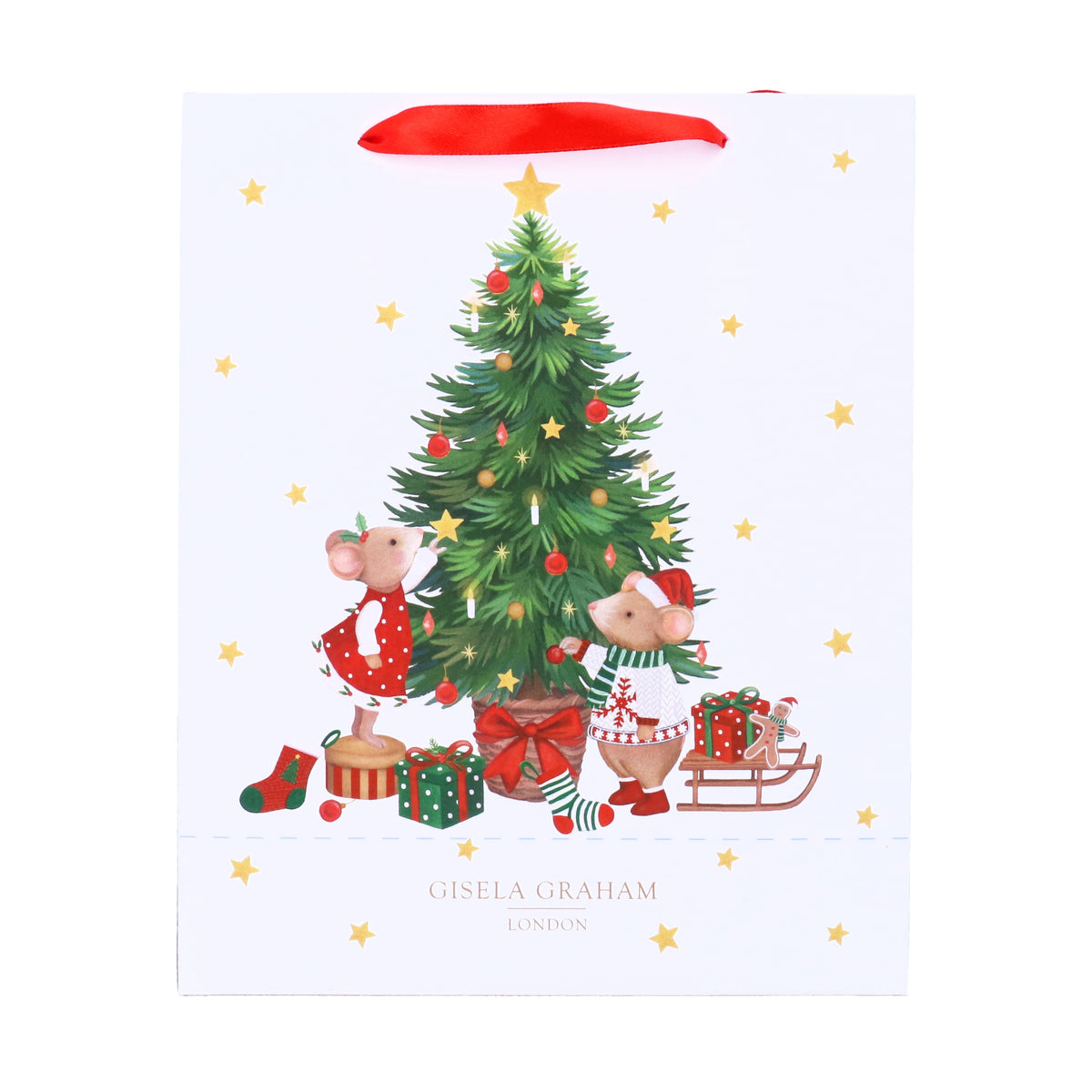 Gift Bag: Paper Small Christmas Tree With Mice - White - Gisela Graham