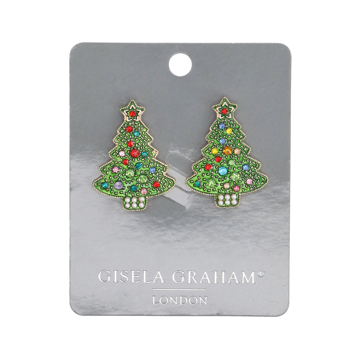 Christmas Earrings: Stud Metal Glitter Christmas Tree - Green - Gisela Graham