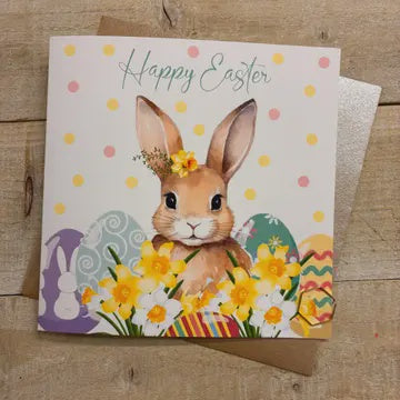 Easter Card: Easter Bunny Happy Easter Hand Finished Crystals & Glitter - Pastels - White Cotton Cards