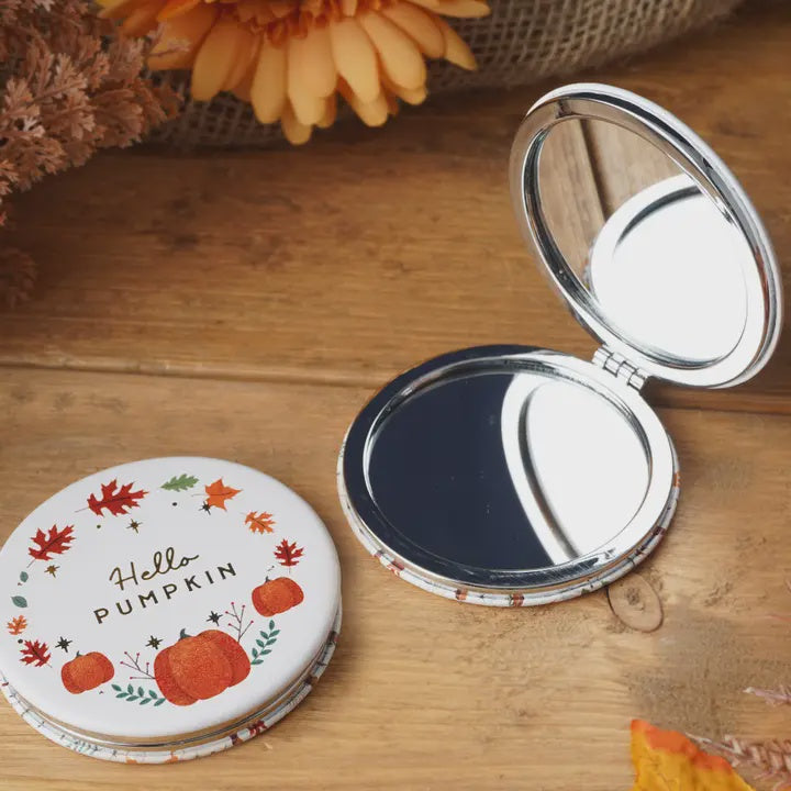 Autumn Compact Mirror: Leatherette  Hello Pumpkin  - White