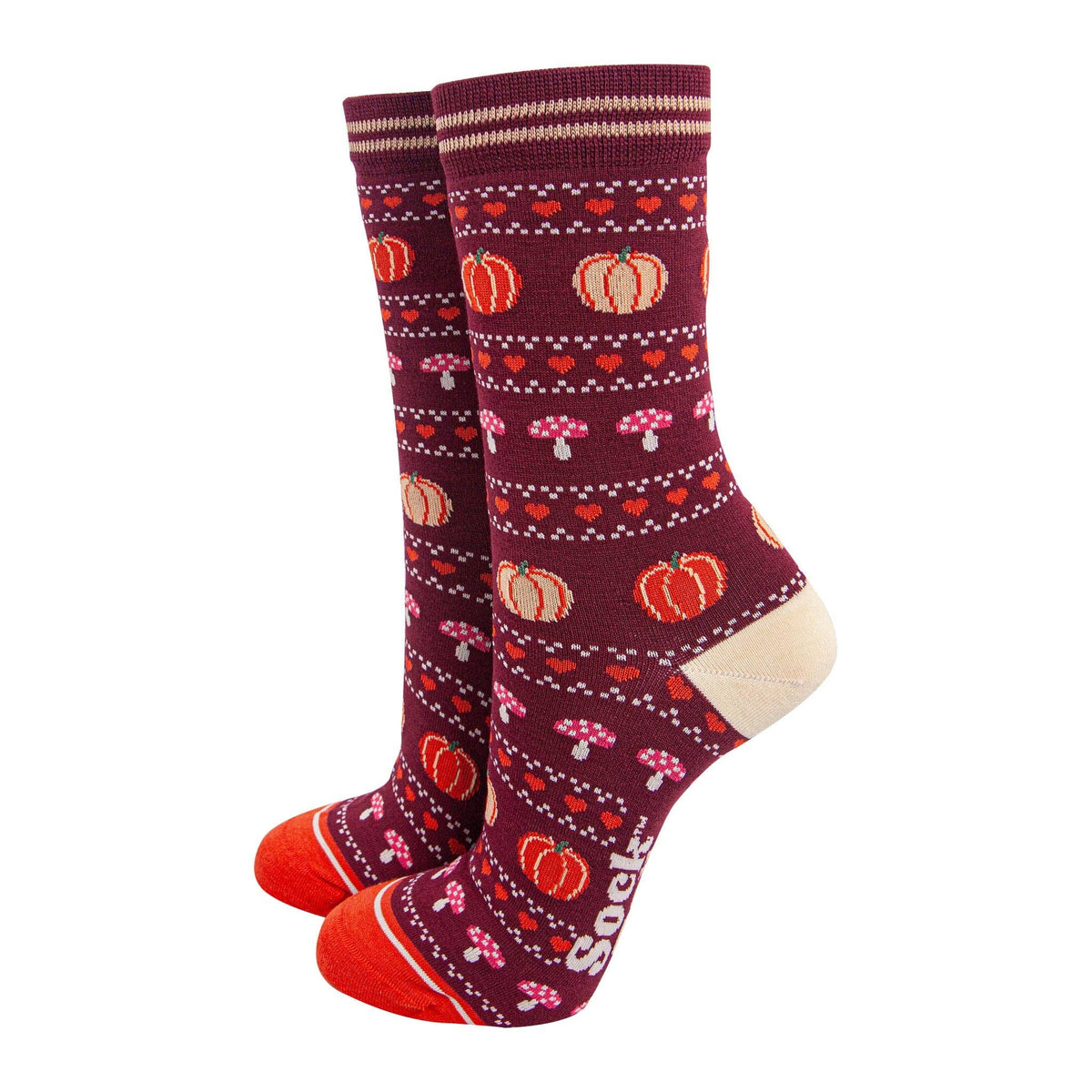 Ladies Socks:  Bamboo Pumpkin and Toadstool - Berry/Orange - Sock Talk