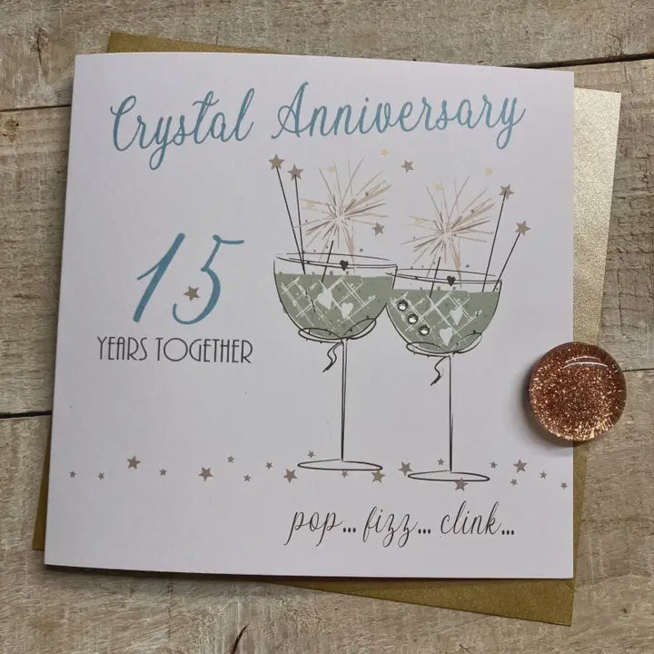 Anniversary Card: 15th Crystal Anniversary - Coupe Glasses with Sparklers - White Cotton Cards