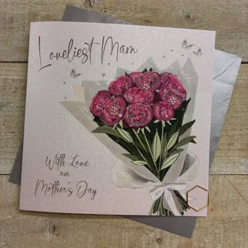 Mothers Day Card: Flower Bouquet Loveliest Mum Ever Hand Finished - Pink - White Cotton Cards