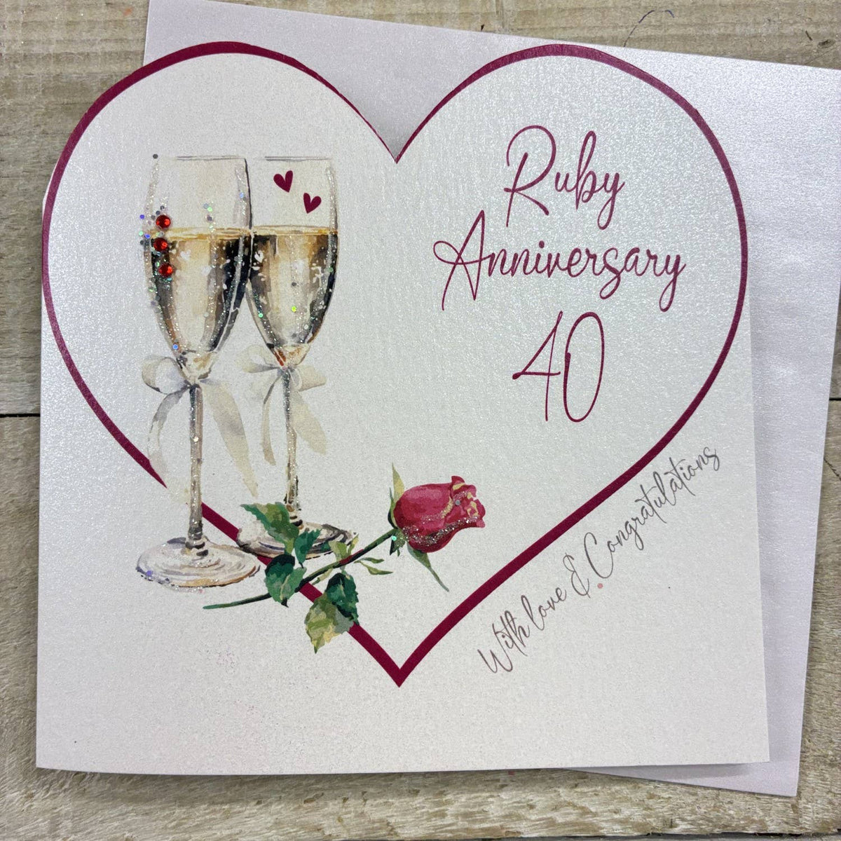 Anniversary Card: Ruby 40th Cut Out Heart With Champagne Glasses - White Cotton Cards