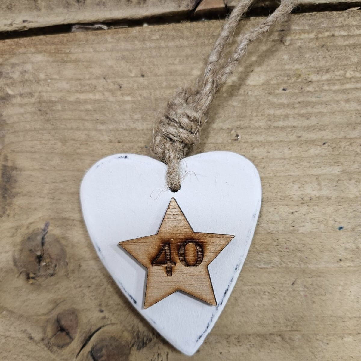 Chunky Age Birthday - 40 Hanging Heart Wood Sentiment Decoration - White w Natural  Star Tag