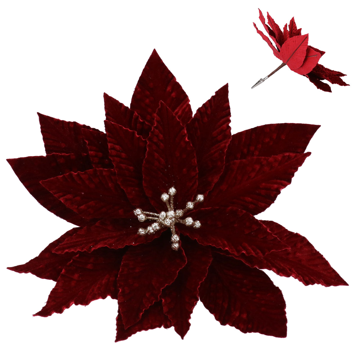 Christmas Tree Decoration: Fabric  Poinsettia Clip 26cm - Burgundy Velvet - Gisela Graham