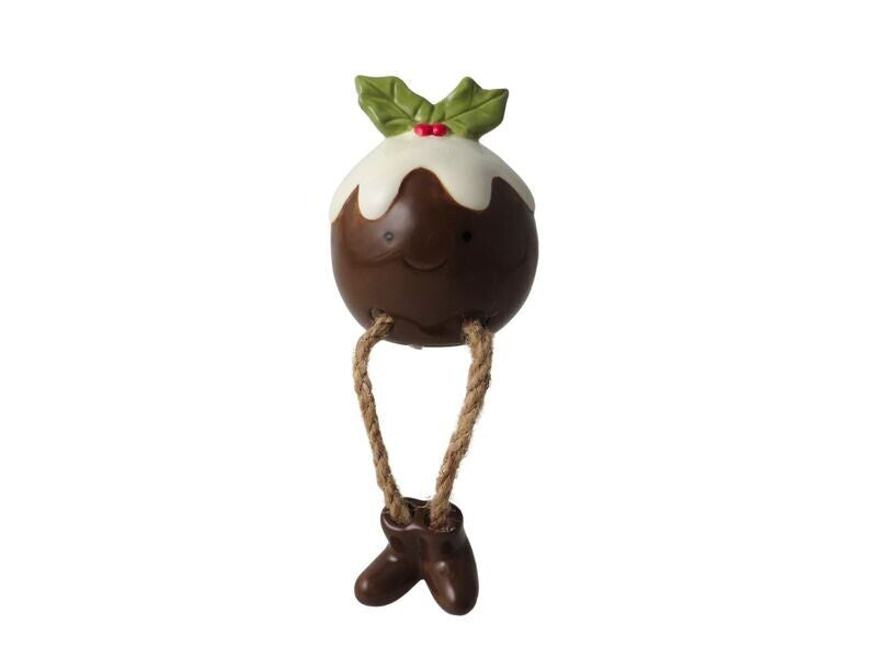 Shelf Sitter: Ceramic Christmas Pudding w Holly - Brown - Giftware Trading