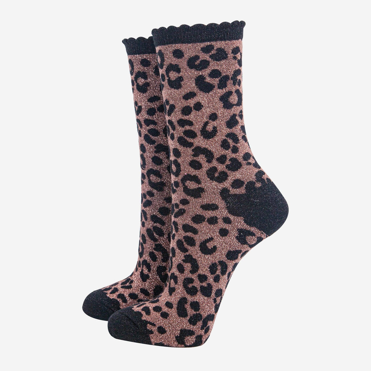 Ladies Socks: Leopard Combed Cotton Glitter - Chocolate - Sock Talk