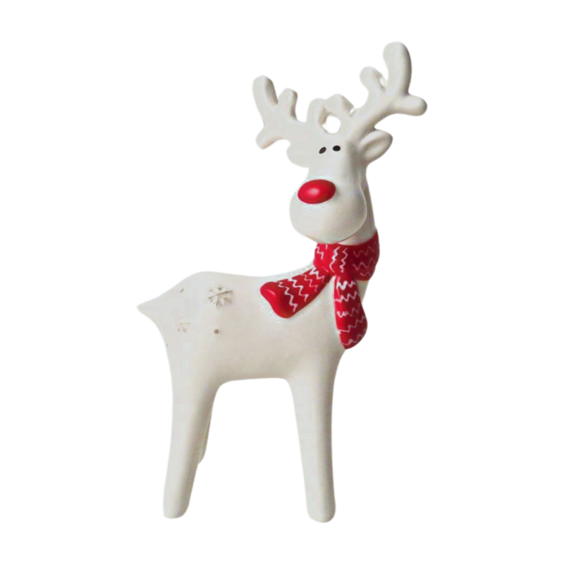 Christmas Ornament : Ceramic Reindeer Large Scarf - White & Red - Giftware Trading