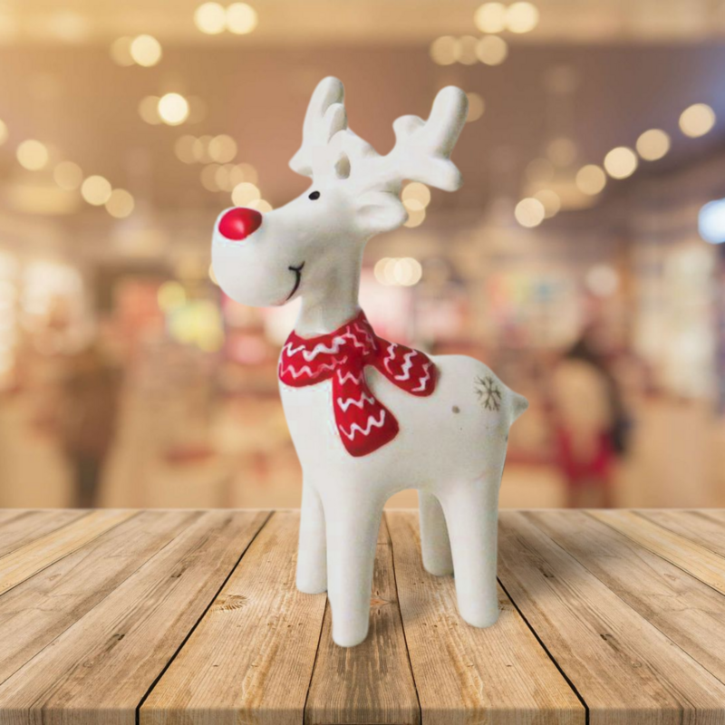 Christmas Ornament : Ceramic Reindeer Medium Scarf - White & Red - Giftware Trading