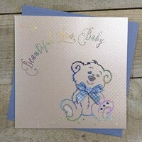 New Baby Card: BOY Neutral Sitting Teddy Bear Hand Finished Crystals & Glitter - White - White Cotton Cards