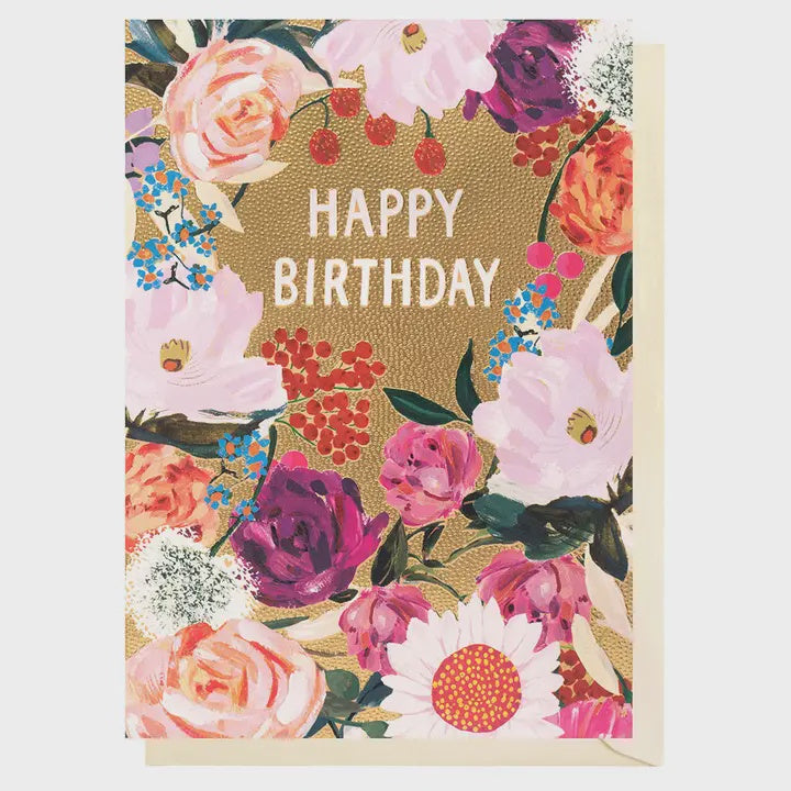 Birthday Card:  Golden Flowers GOLD FOIL - Louise Tiler