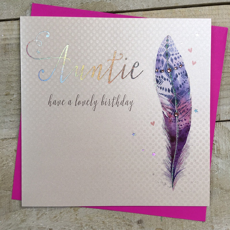 Auntie Card: Lovely Birthday Feather - White Cotton Cards