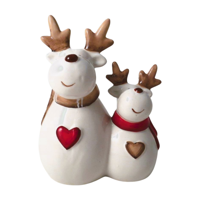 Christmas Ornament : Ceramic Reindeer Couple - White & Brown - Giftware Trading