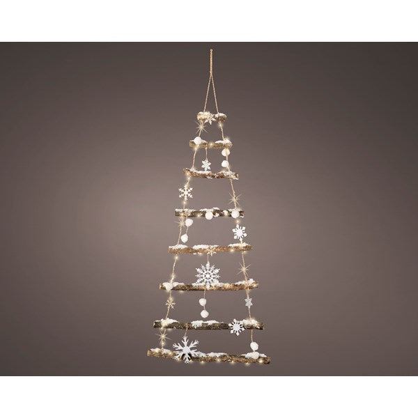 LED Christmas Tree: Rope Wood Snowy Ladder Snowflake Decorations - Natural & White