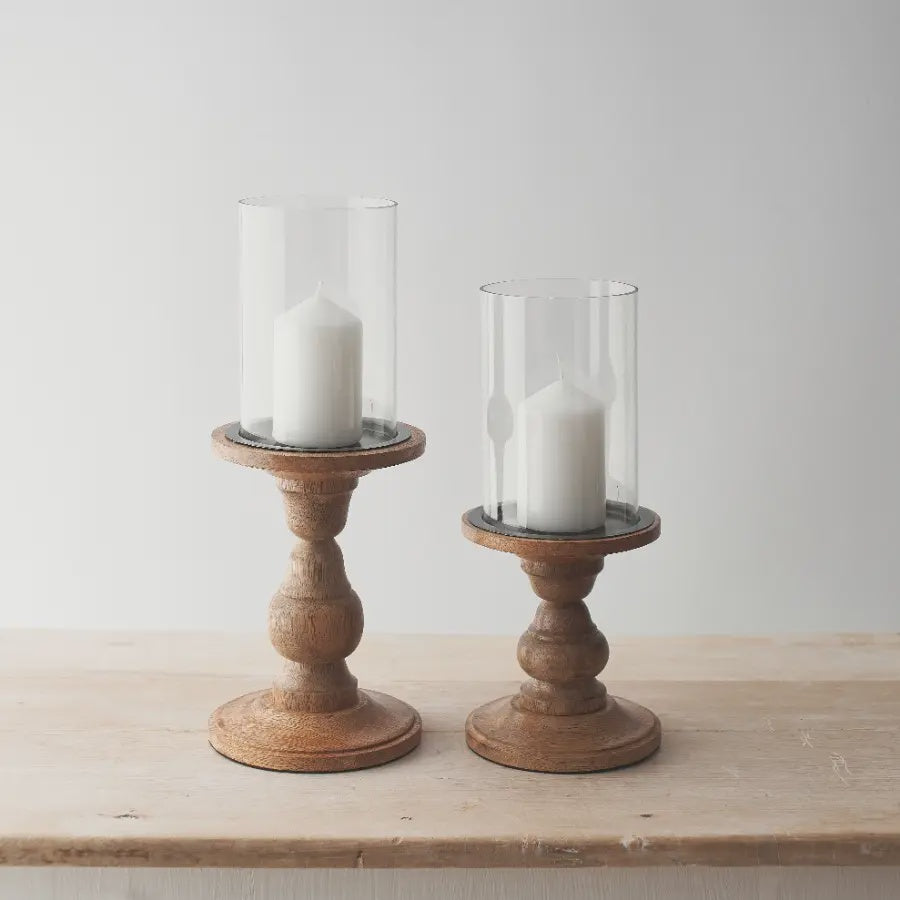 Candle Holder: Glass And Wooden Stand - Brown - Gainsborough Giftware
