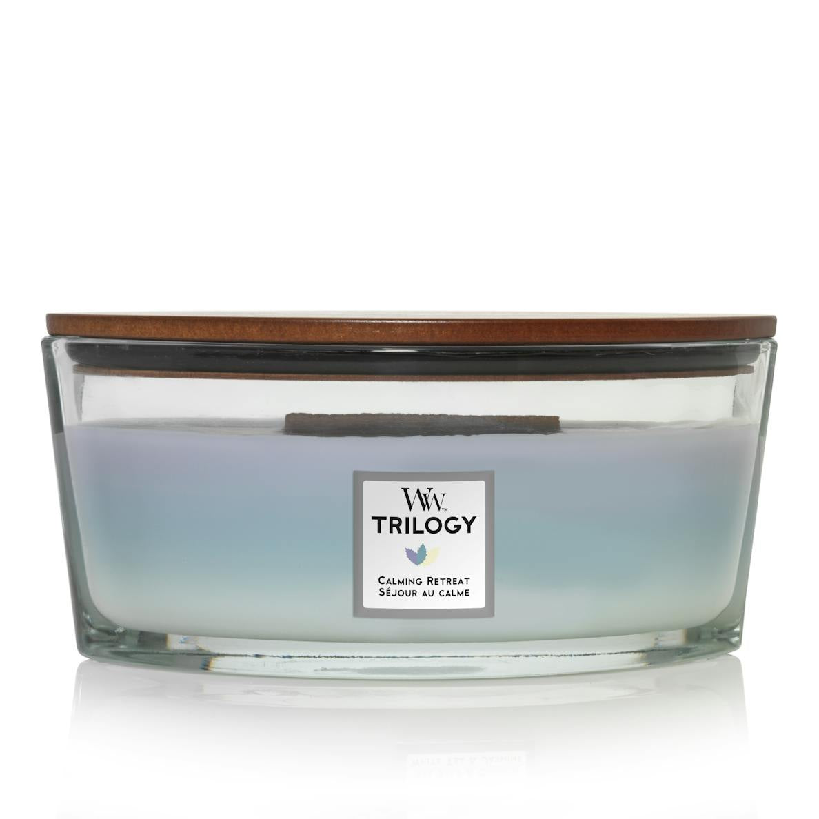 Candle: Scented Hearthwick Trilogy Glass Ellipse 16oz - Calming Retreat - Lavendar Spa, White Tea & Jasmine, Sea Salt & Cotton - Woodwick AR5027