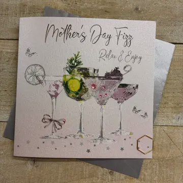 Mothers Day Card: Cocktails Mother's Day Fizz Hand Finished Crystals And Glitter - White - White Cotton Cards