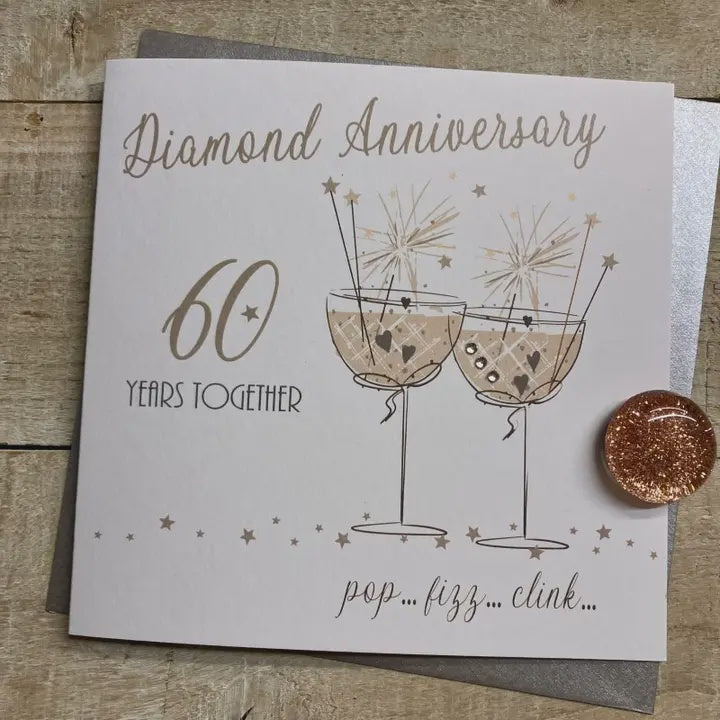 Anniversary Card: Diamond 60th Handmade Crystals Glitter - Gold  - White Cotton Cards