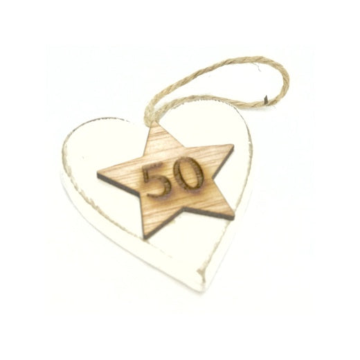 Chunky Age Birthday - 50 Hanging Heart Wood Sentiment Decoration - White w Natural  Star Tag