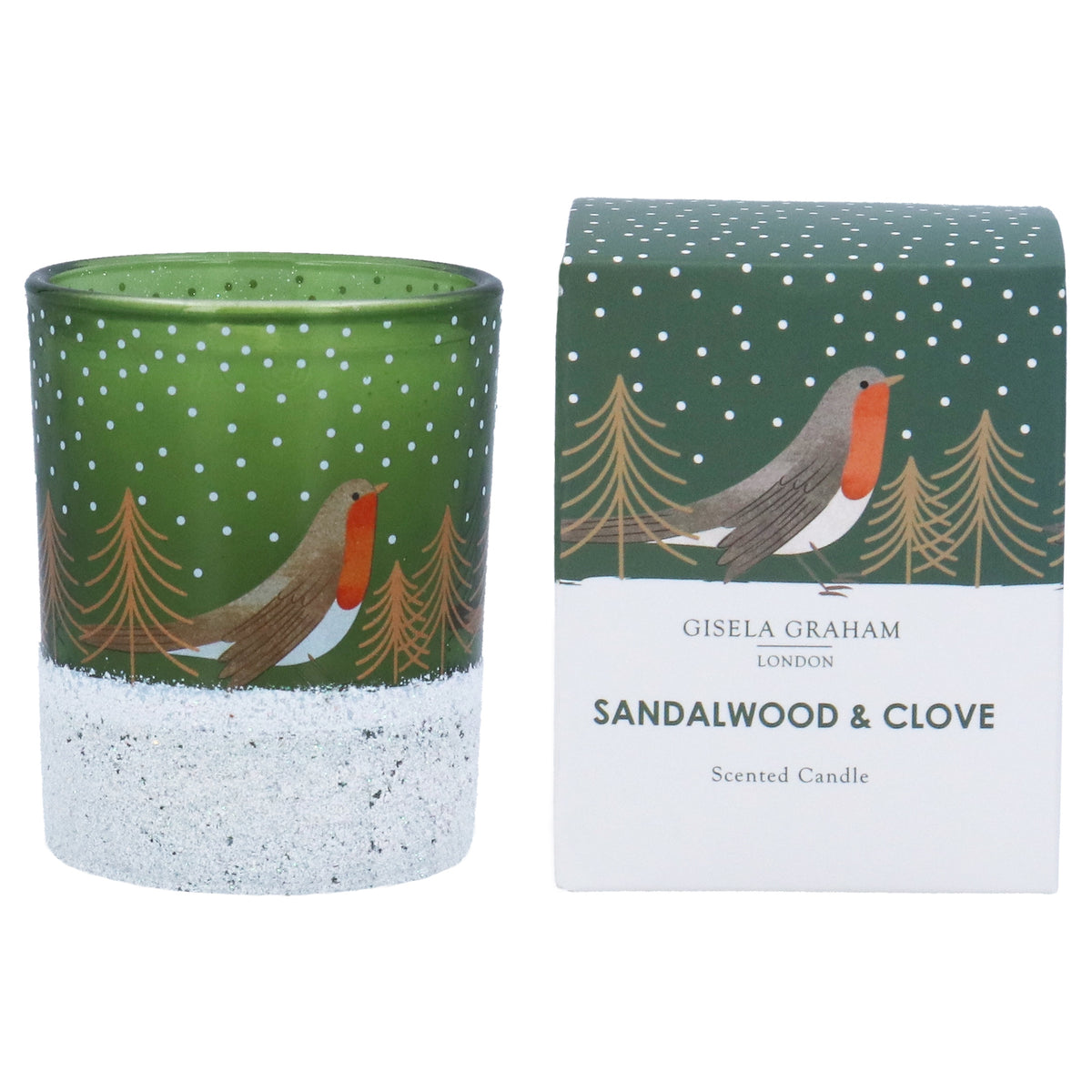 Christmas Candle: Glass Votive Mini Sandalwood & Clove Scented Boxed Robin  - Green - Gisela Graham