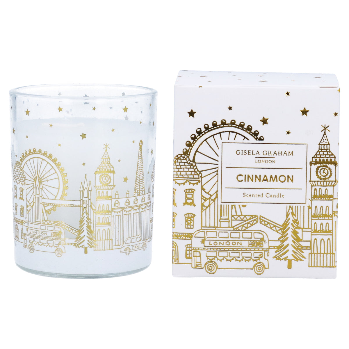 Christmas Candle: Glass Scented Cinnamon Boxed London Scene  - Gold - Gisela Graham
