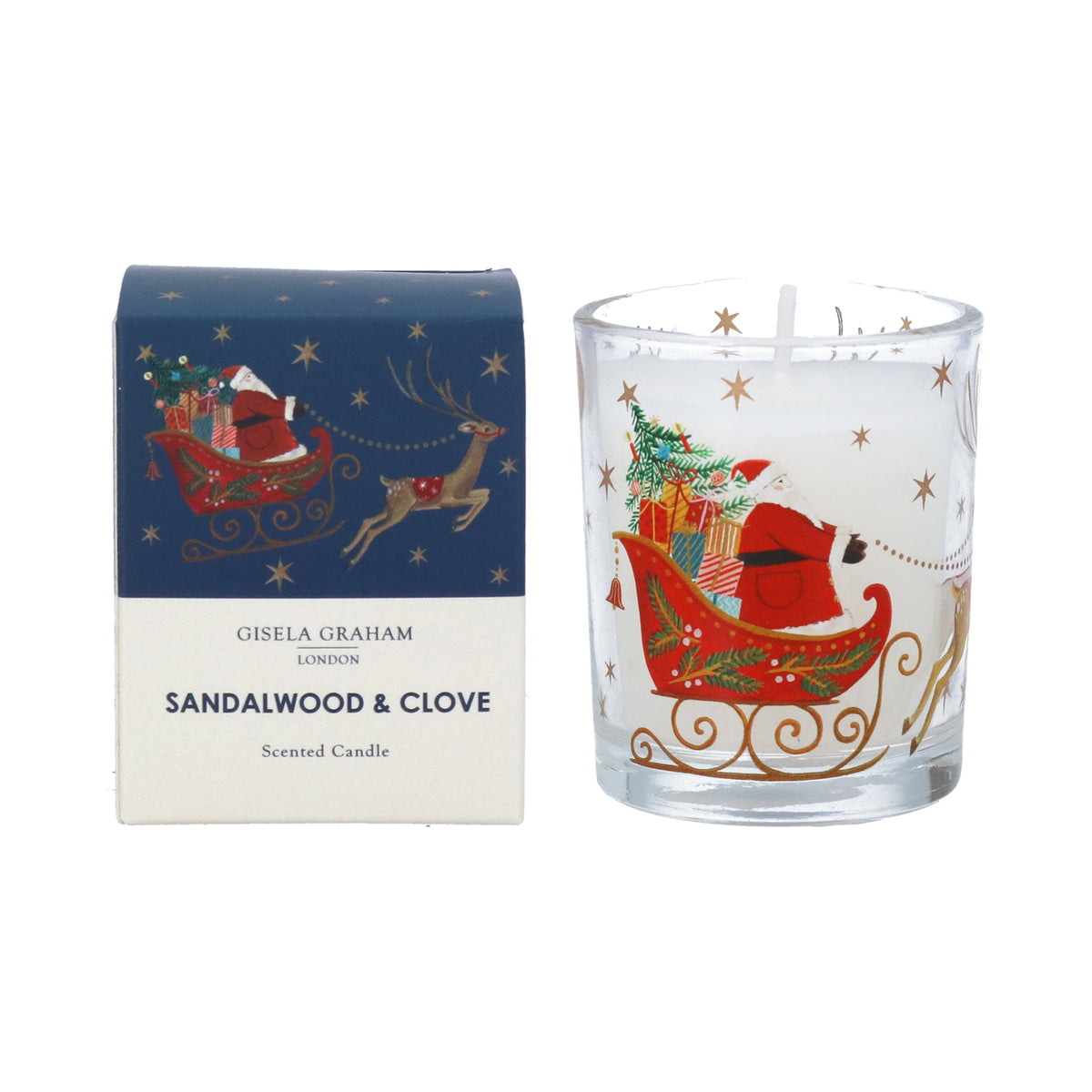 Christmas Candle: Mini Scented Glass Nostalgia Sleigh Sandlewood & Clove  - Blue - Gisela Graham