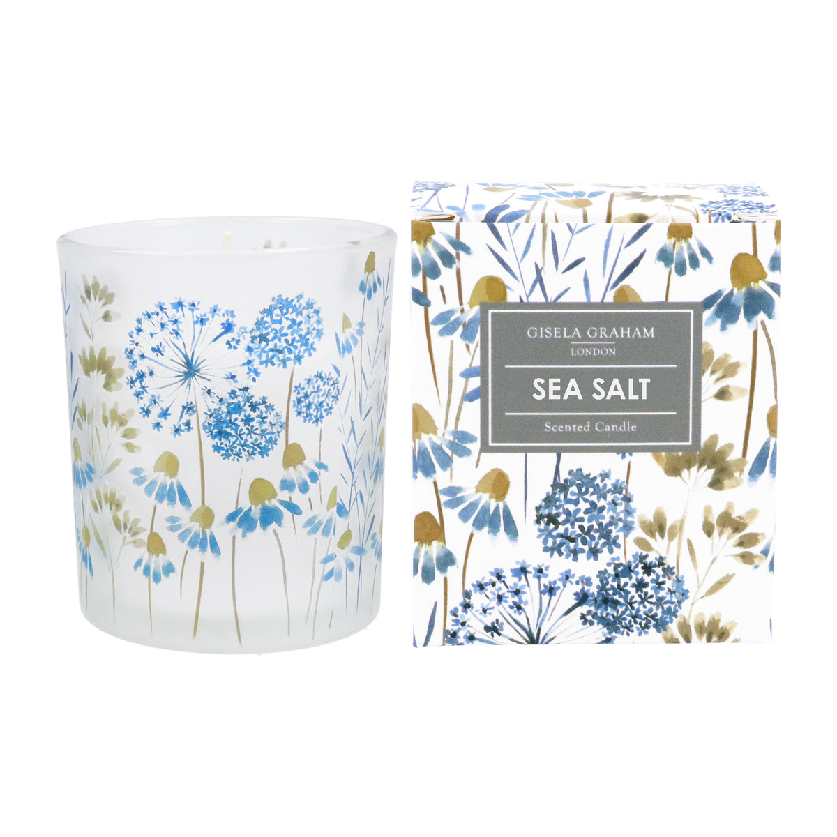 Candle:  Scented Blue Meadow Sea Salt 18rs Small - Blue - Gisela Graham
