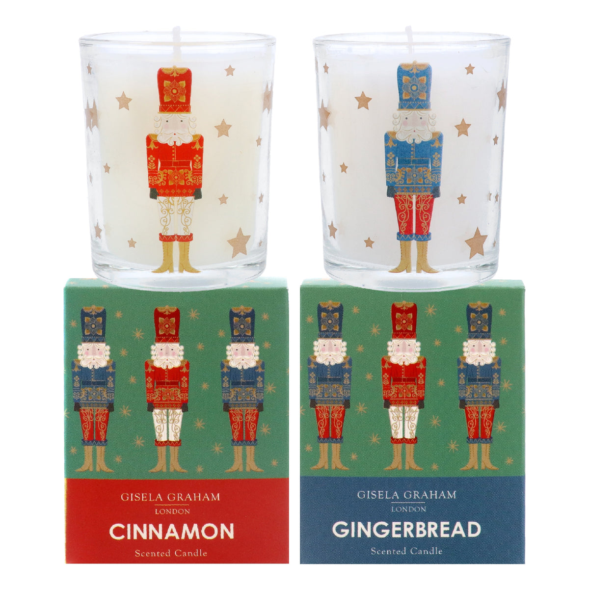 Christmas Candle: Glass Votive Mini Scented Boxed Nutcracker  - Assorted Colours - Gisela Graham