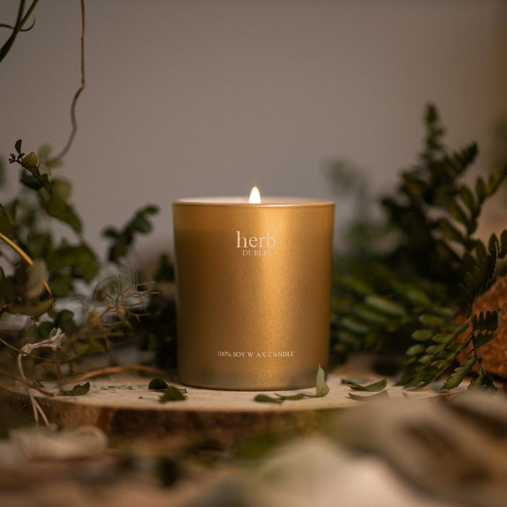 Candle: Scented Coloured Glass Box  A HOLY JOLLY CHRISTMAS - Gold - Herb Dublin