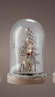 LED Ornament: Glass Cloche Santa Riding Reindeer - Natural