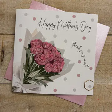 Mothers Day Card: Dotty  Flower Bouquet With Love Hand Finished Crystals & Glitter - Pinks - White Cotton Cards
