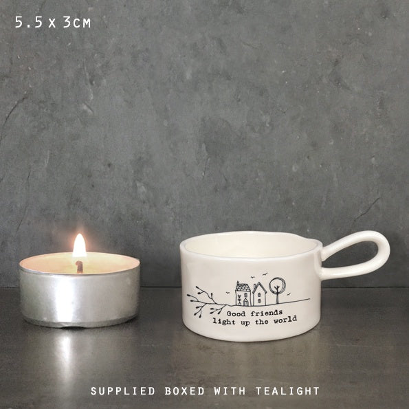 Candle Holder: Ceramic Handles T- Light Good Friends - White - East Of India