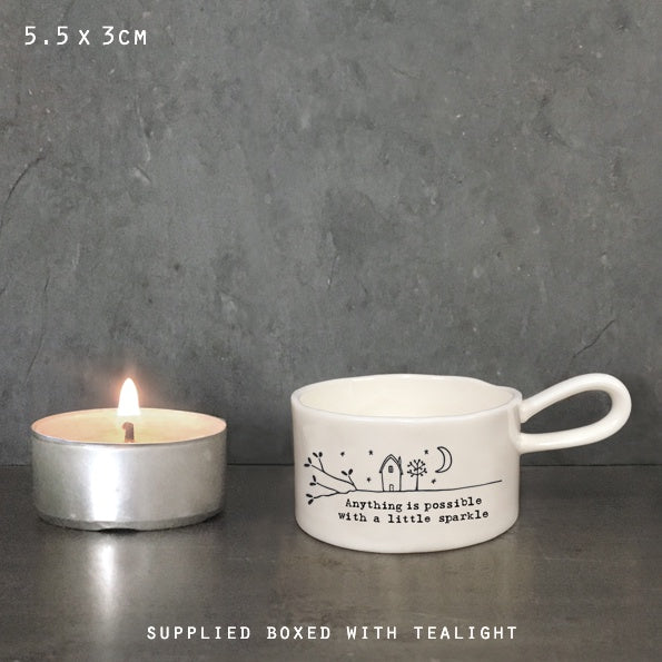 Candle Holder: Ceramic Handles T- Light Little Sparkle - White - East Of India