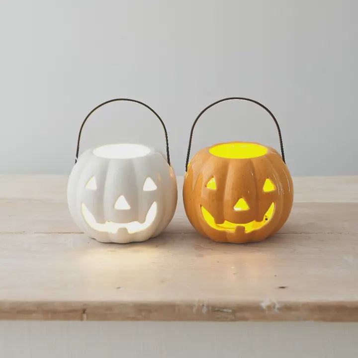 Halloween Lantern; Ceramic Pumpkin w Handle - White - Gainsborbough Giftware