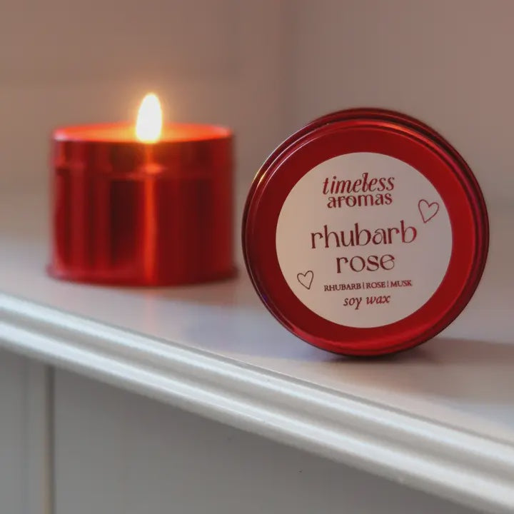 Candle: Natural Soy Scented Rhubarb Rose 20 Hours - Timeless Aromas