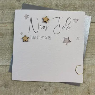 New Job Card: Huge Congrats Wooden Star Hand Finished - White Cotton Cards
