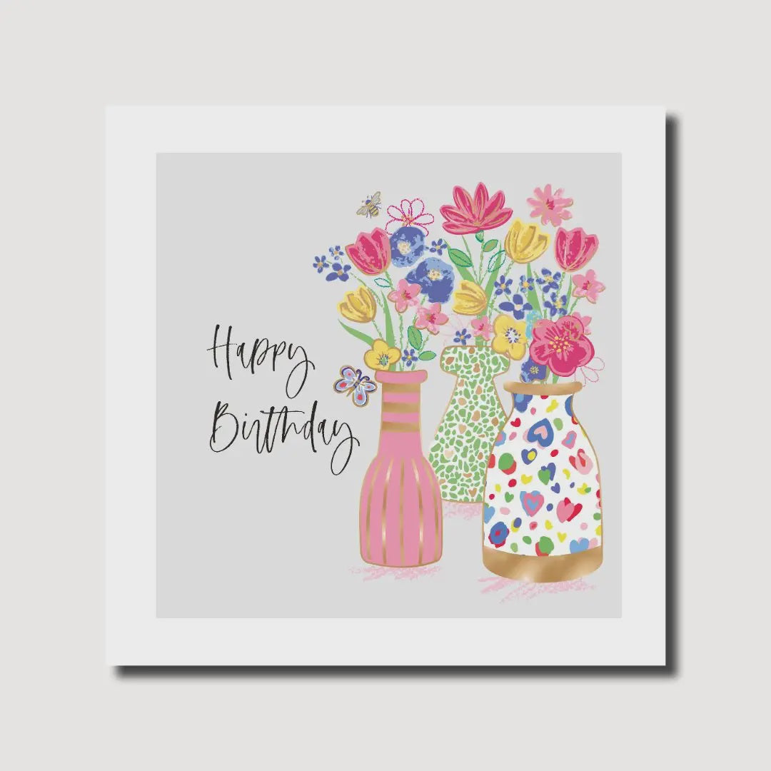 Birthday Card: Pretty Flowers In Vases - Colourful - Marina B