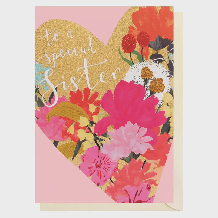 Sister Card:  Sister Floral Heart GOLD FOIL - Louise Tiler