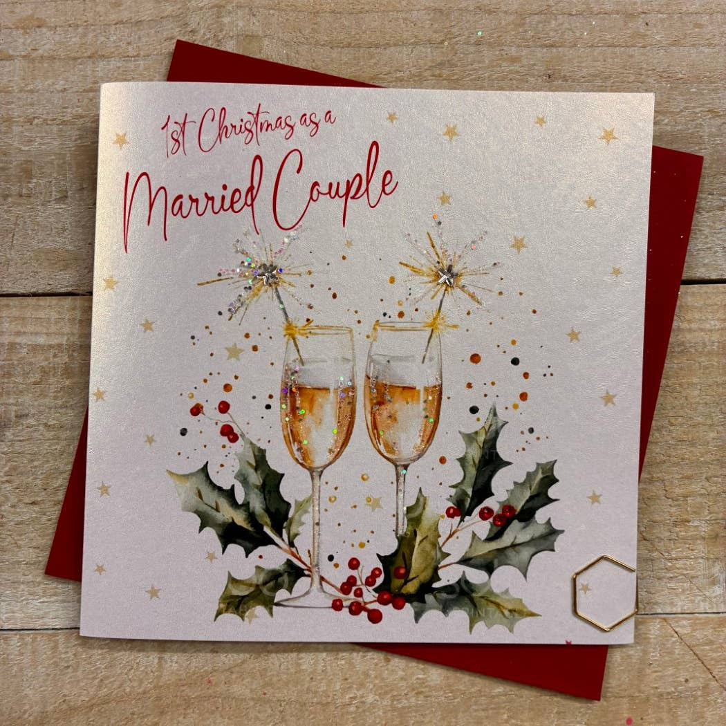 Christmas Card: First as A Married Couple - Champagne Glasses With Sparklers - Hand Decorated- White Cotton Cards
