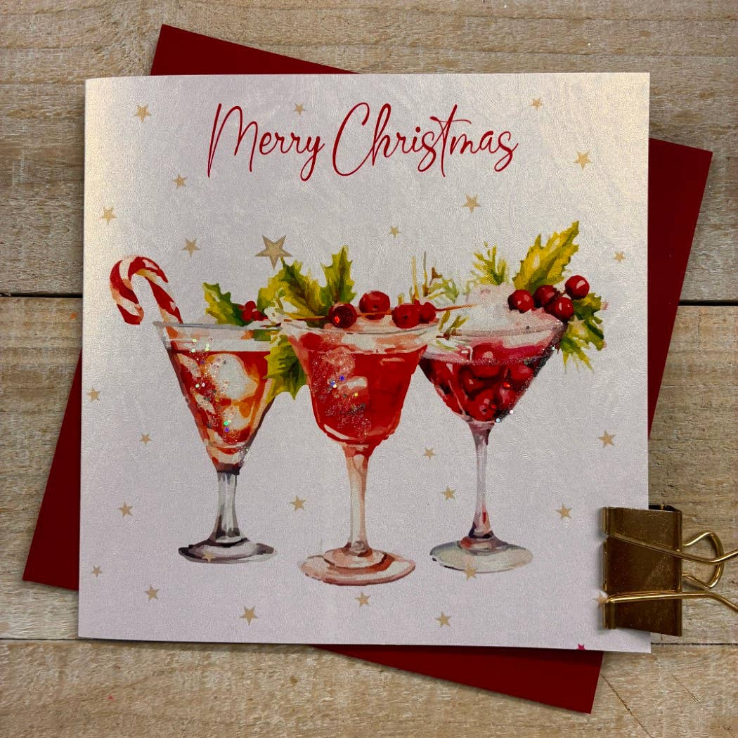 Christmas Card: Merry Christmas Cocktails Hand Decorated- White Cotton Cards