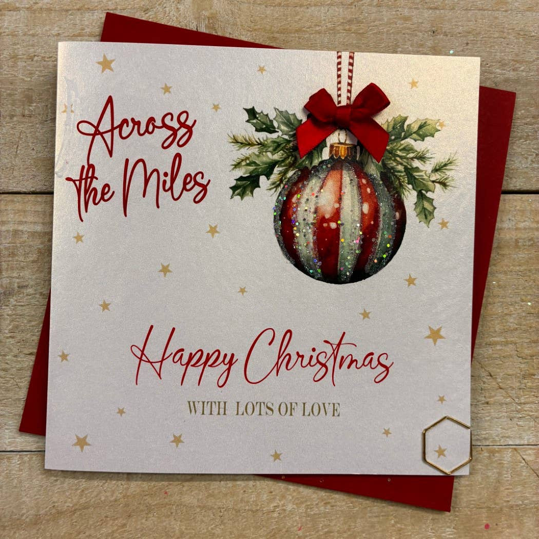 Christmas Card: Across The Miles Xmas Bauble - Hand Decorated- White Cotton Cards