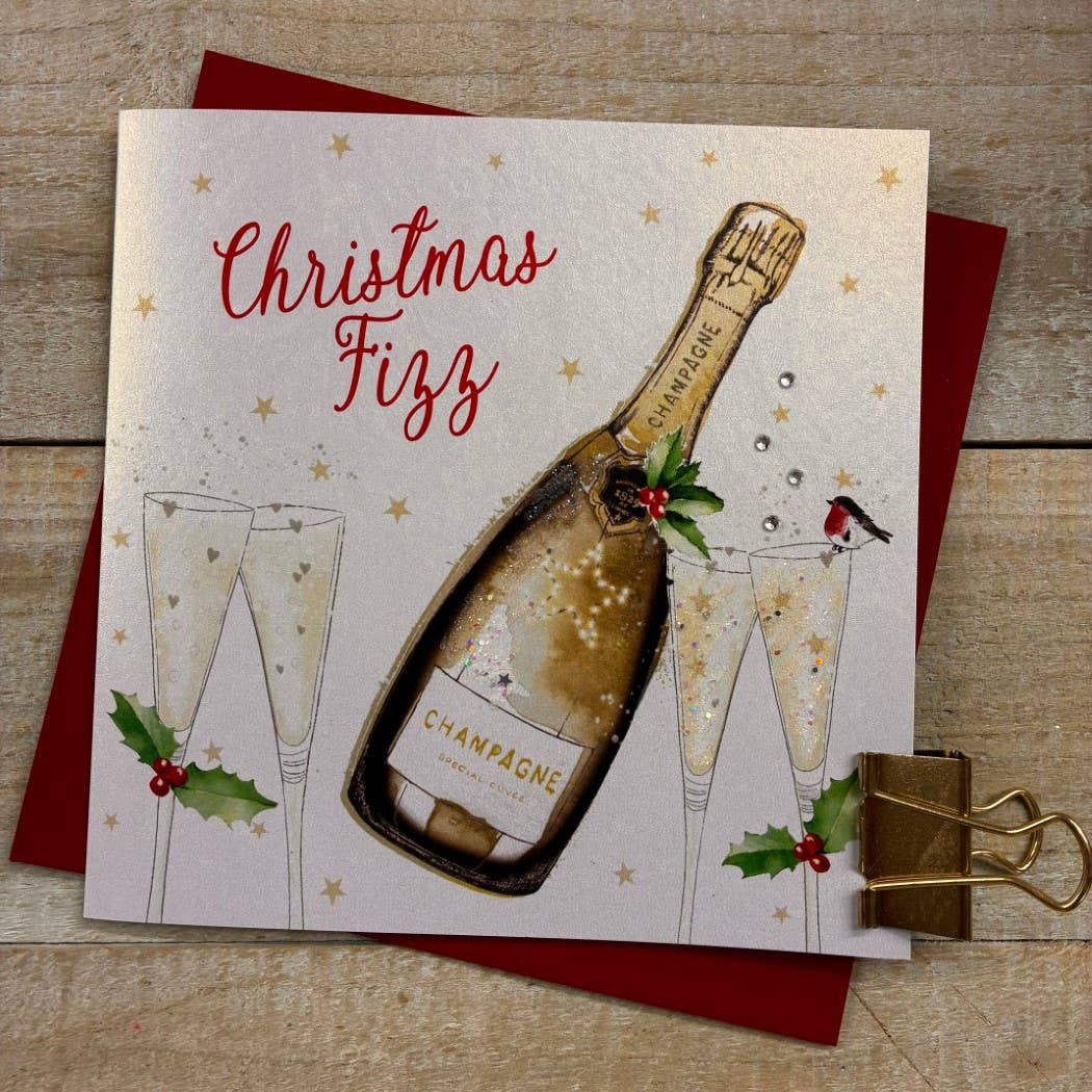 Christmas Card: Christmas Fizz Hand Decorated- White Cotton Cards
