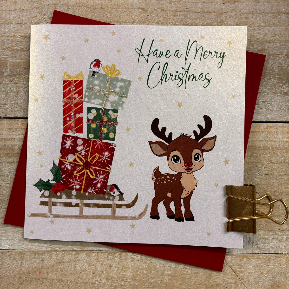 Christmas Card: Merry Christmas Cute Reindeer And Presents  Hand Decorated- White Cotton Cards