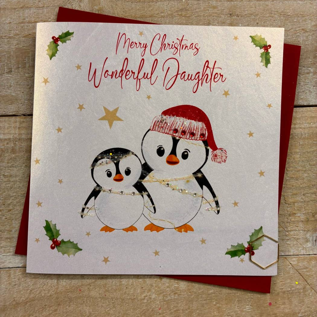 Christmas Card: Merry Christmas Wonderful Daughter Cute Penguins Hand Decorated- White Cotton Cards